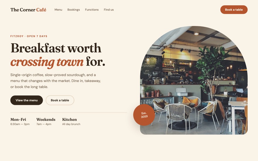 Website example for a café