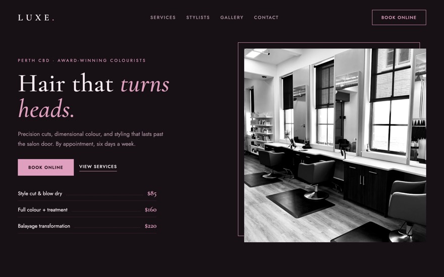 Website example for a hair salon